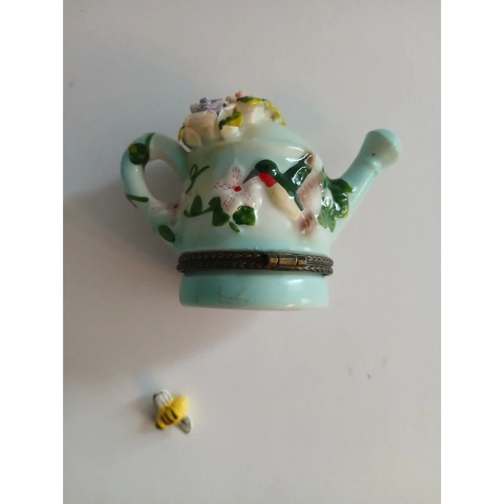 Vintage Porcelain Hinged Trinket Box Watering Can Hummingbird BumbleBee Flowers